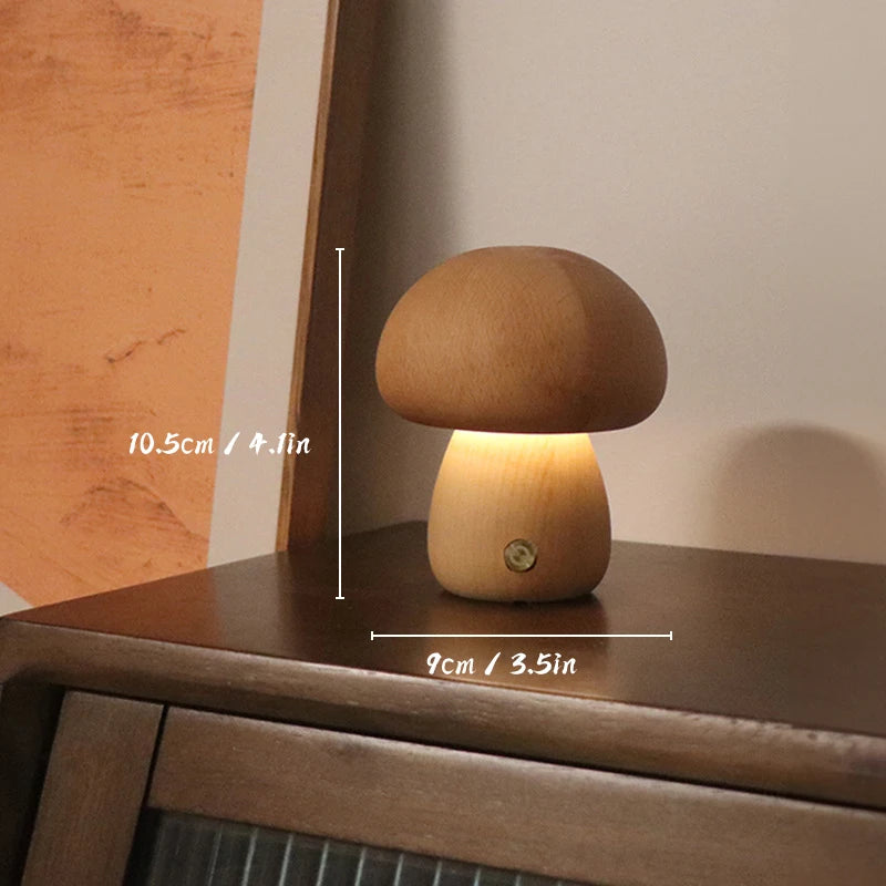 Wooden Mushrooms Night Light Touch Switch Bedroom Bedside Table Lamp USB Chargeable