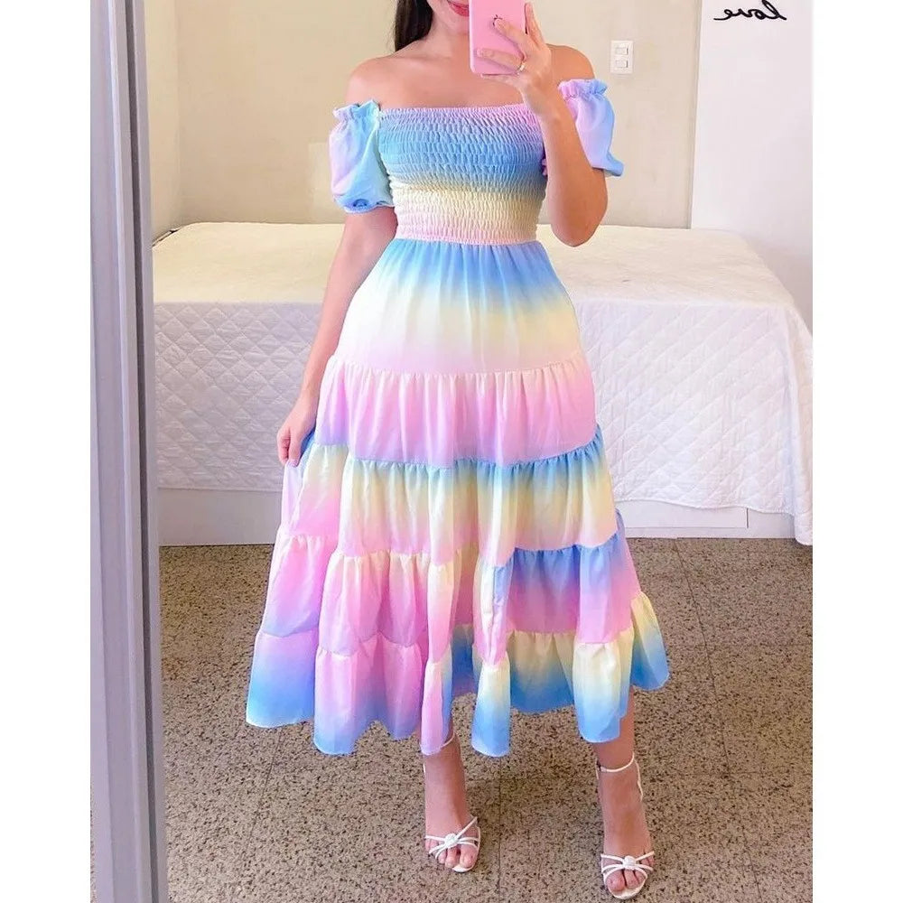 Woman Long Dresses for Flower Suspender Female Summer Party short Elegant Casual Boho Holiday Dress Girl Off Shoulder Lady Print - Hiron Store