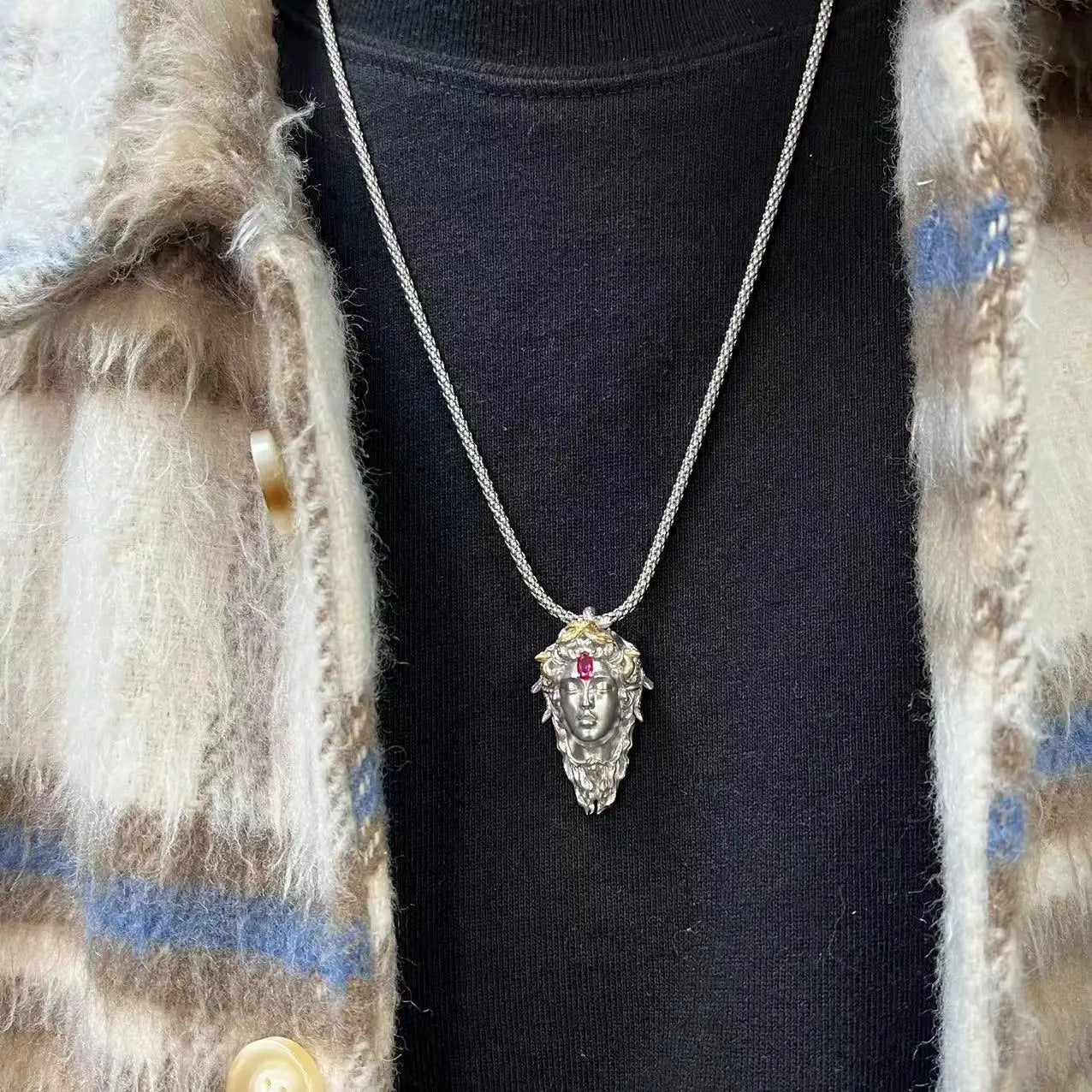 Silver Plate 18k Gold Midusa Pendlet Character Romathyx Art Original Design Inlaid Red Turmaline Pendlet