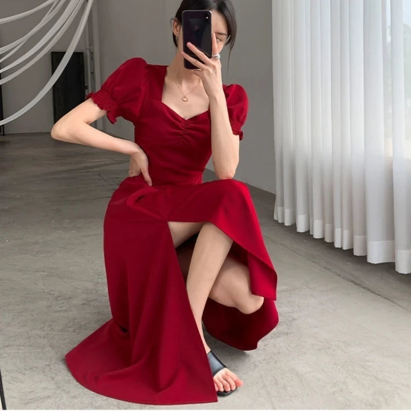 Solid Puff Short-Sleeved Elegant Dress Women Clothing Wedding Guest New Year Women Fashion High Waist Slim Evening Party Dresses - Hiron Store