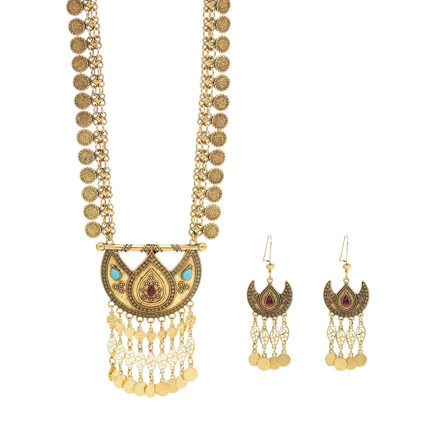 Charms Golden Women Jewelry Sets Bohemian Ethnic Tassel Coins Pendant Necklace Sets Statement Indian Moon Earrings 2 Piece Sets - Hiron Store