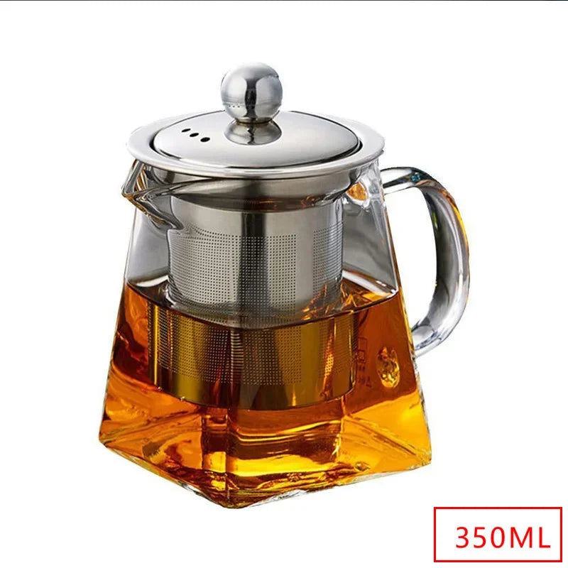 Heat Resistant Glass Teapot With Stainless Steel Coffee Heated Container Tea Pot Good Clear Kettle Square Filter Baskets