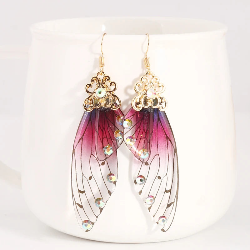 Handmade Fairy Simulation Wing Earrings Insect Butterfly Wing Drop Earrings Foil Rhinestone Earrings Romantic Bridal Jewelry - Hiron Store