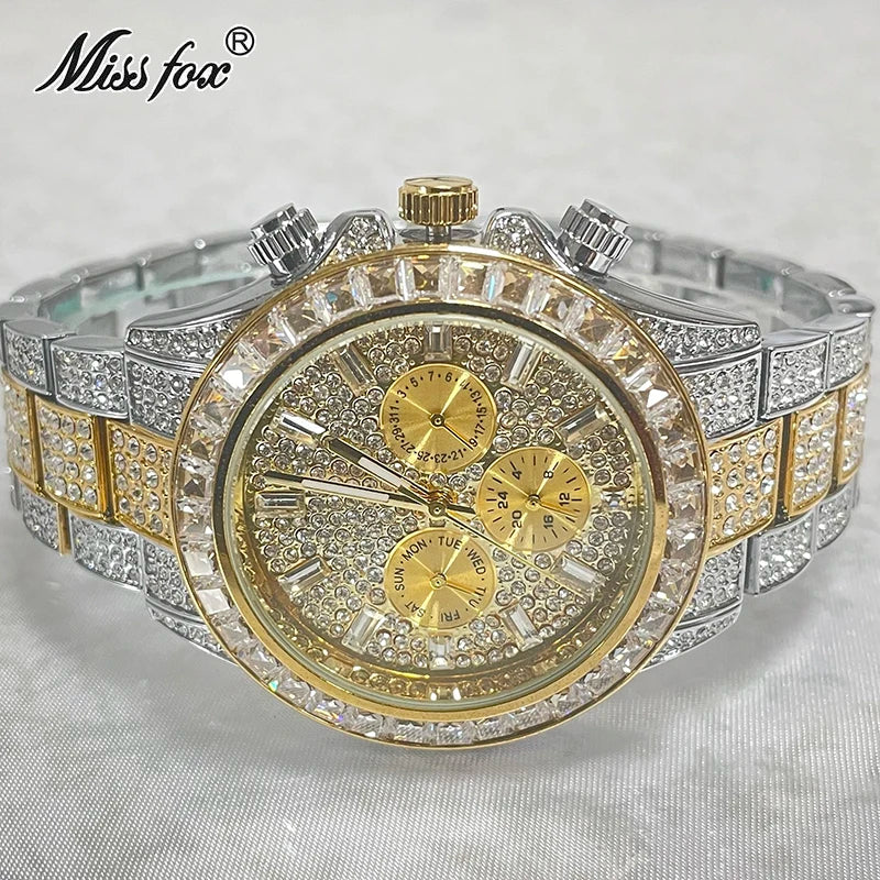 2024 Luxury Brand MISSFOX Gold Hip Hop Watches Men Fashion Rainbow Diamond Waterproof Smart Watch Full Steel Sports Clocks Male - Hiron Store