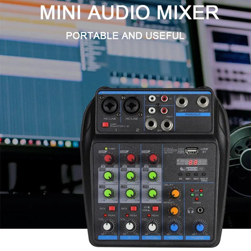 4 Channel Mixer DJ Mixing Console with Bluetooth 48V Phantom Power Monitor Karaoke System USB Mixer Audio - Hiron Store