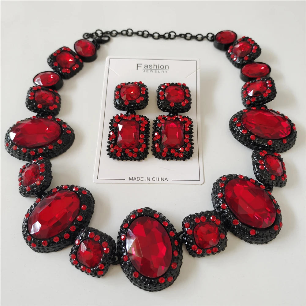 New Red Crystal Rhinestone Necklace Earrings Women Jewelry Sets