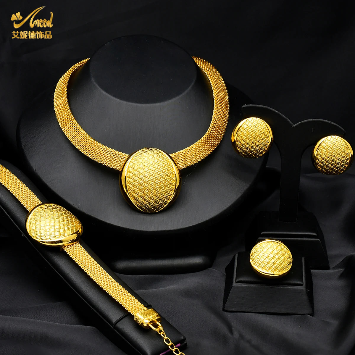 ANIID African Gold Color Jewelry Set For Women Indian Choker Necklace Earring 24K Gold Plated Jewellery Dubai Wedding
