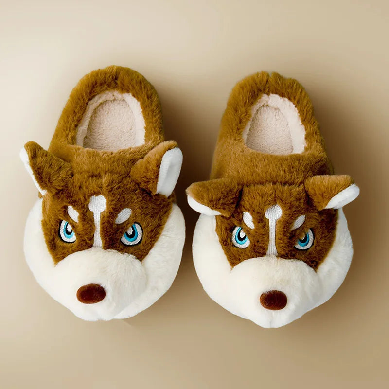 Women Indoor Cotton Slippers Cute Cartoon Dog Winter Warm Shoes Female Male House Footwear