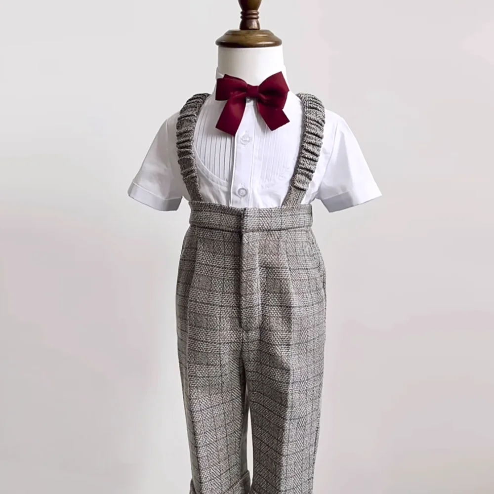 Kids Formal Plaid Suit Children Jacket Baby Blazer Pants With braces Bow tie Clothes Set Outfit