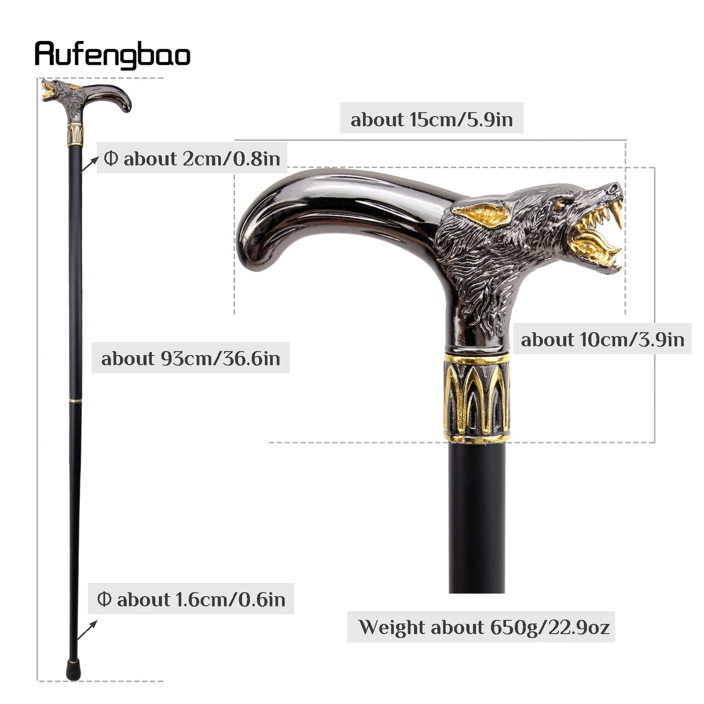 Golden Black Wolf Head Biting Walking Cane Fashion Walking Stick Gentleman Elegant Cosplay Cane 93cm