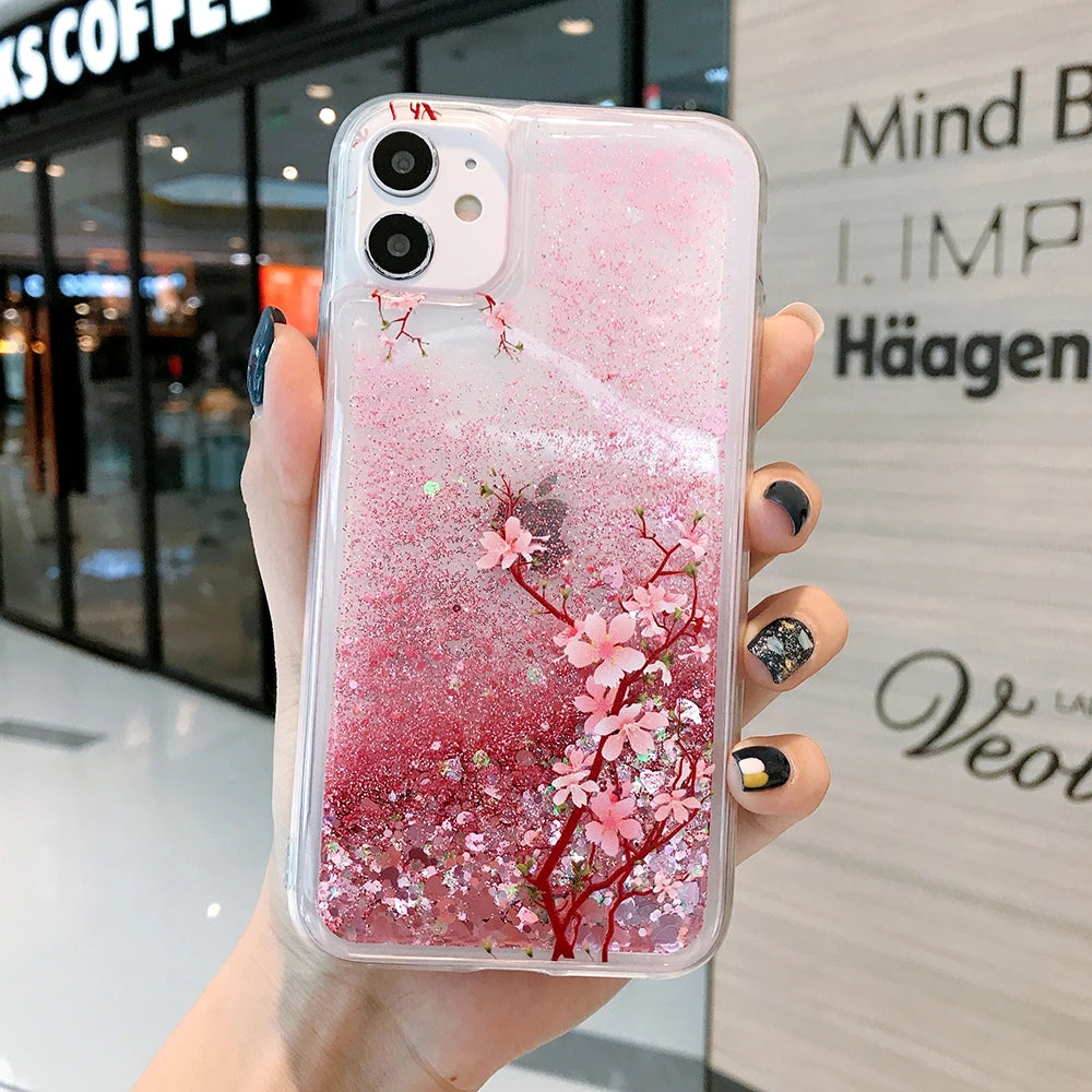Pink Liquid Quicksand Case For Samsung Galaxy S24 S23 S22 S21 Plus S20 FE S25 Ultra A54 A55 Glitter Flower Bling Clear TPU Cover