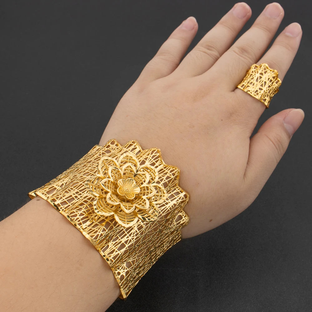 Arab Luxury Gold Plated Bracelet Ring Copper Large Bangle Jewelry Set