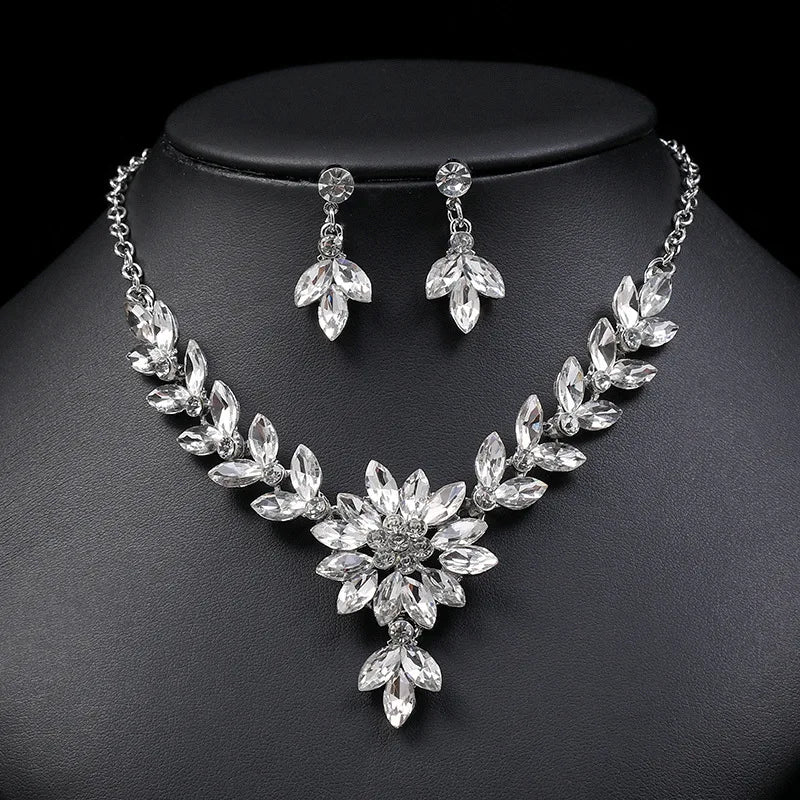 KMVEXO 2022 Summer Vintage Luxury Flower Crystal Wedding Earrings Necklace Set For Women Bridal Jewelry Sets Party Accessories - Hiron Store