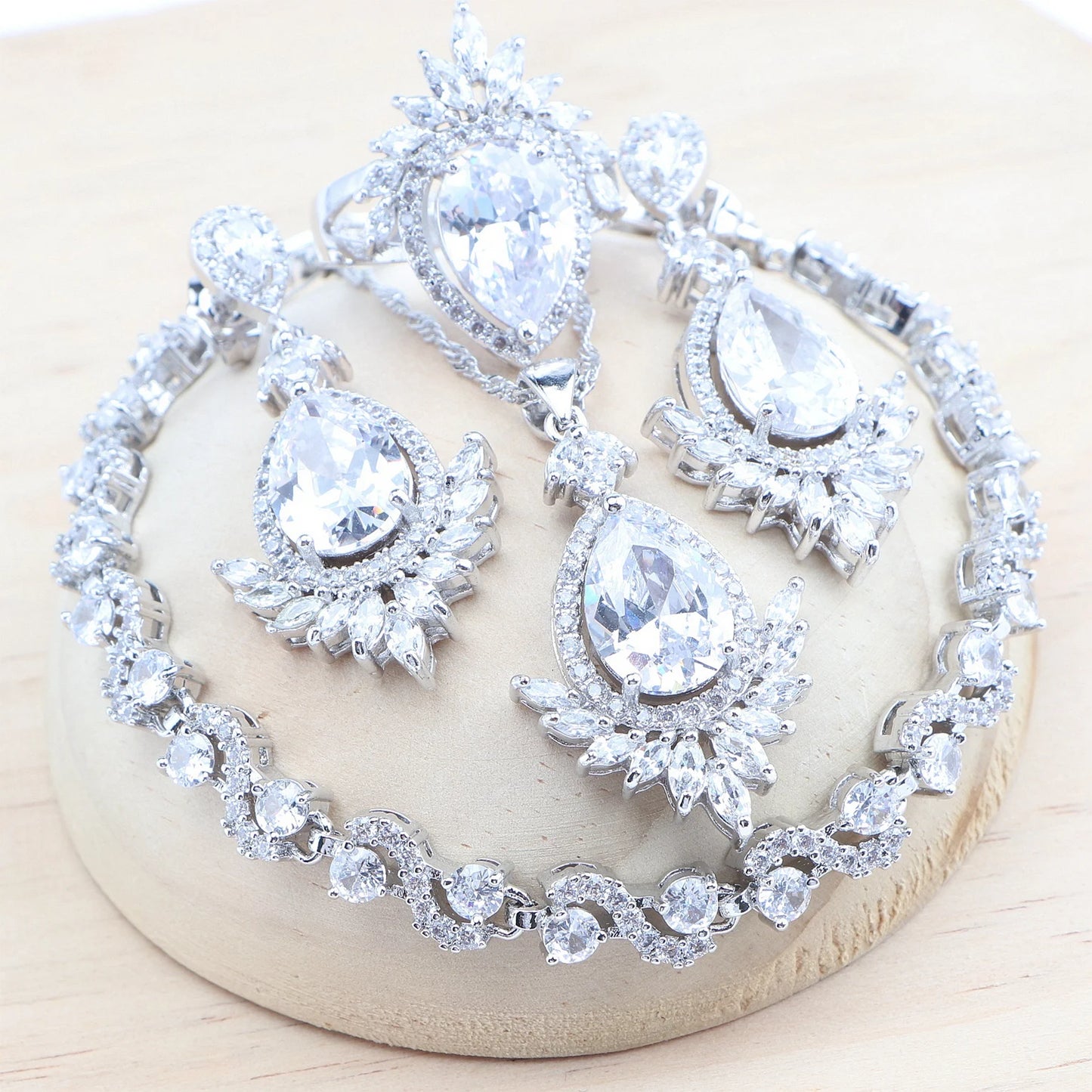 925 Silver Red Zircon Bridal Jewelry Sets Wedding Stones Bracelets Earrings Rings Pendant Necklace Set For Women - Hiron Store