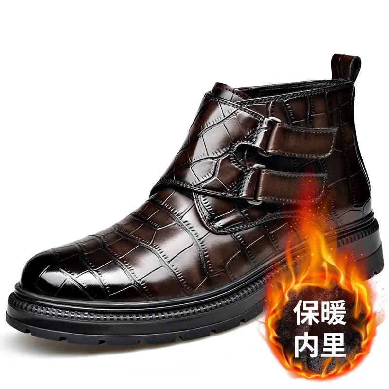 Autumn Winter Buckle Designer Ankle Boots for Men Stone Pattern Leather Shoes