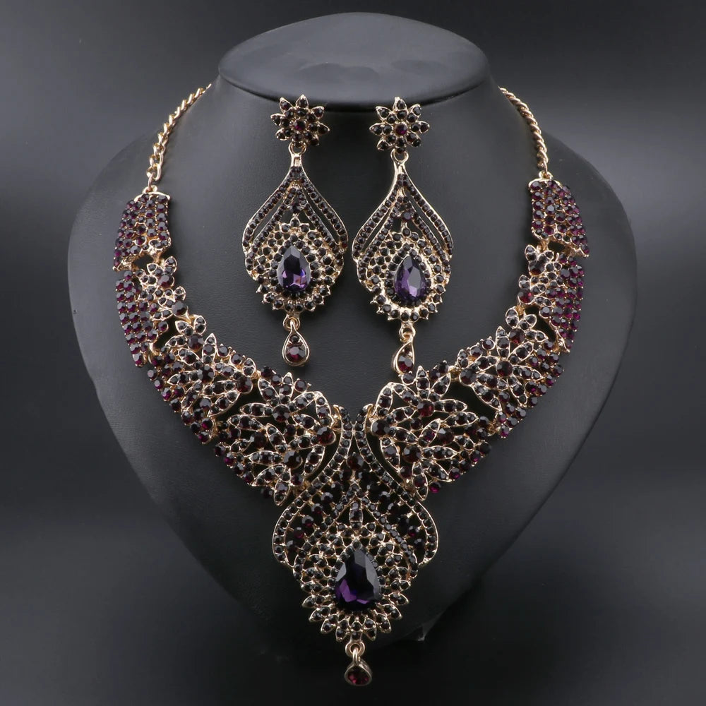 Women Luxury Blue Crystal Earrings Necklace Bridal Wedding Jewelry Set Elegant Bride Party Prom Costume Dress Accessories Gifts - Hiron Store