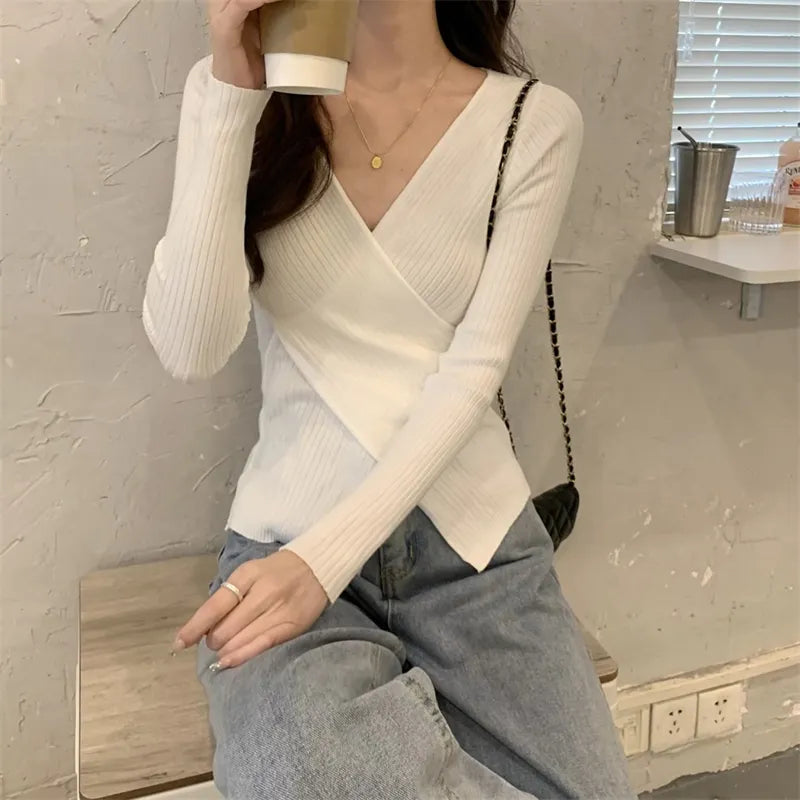 Tops Fashion Female Long Sleeve Skinny Elastic Casual V-neck Knitted Shirts Women Pullover Sweaters - Hiron Store