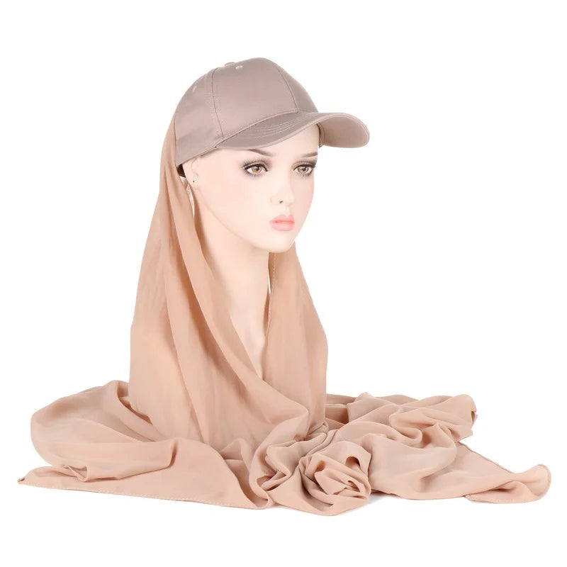 Women Hijabs Muslim Sports Style Solid Color Pearl Scarf And Cotton Baseball Cap Solid Colo One Piece 2 Piece Scarf And Cap - Hiron Store