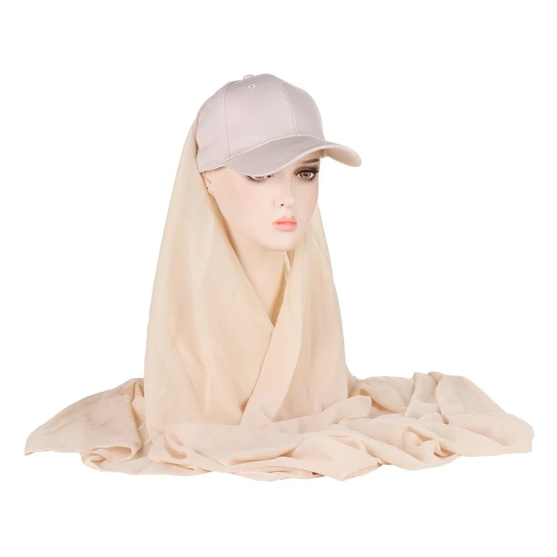 Women Hijabs Muslim Sports Style Solid Color Pearl Scarf And Cotton Baseball Cap Solid Colo One Piece 2 Piece Scarf And Cap - Hiron Store