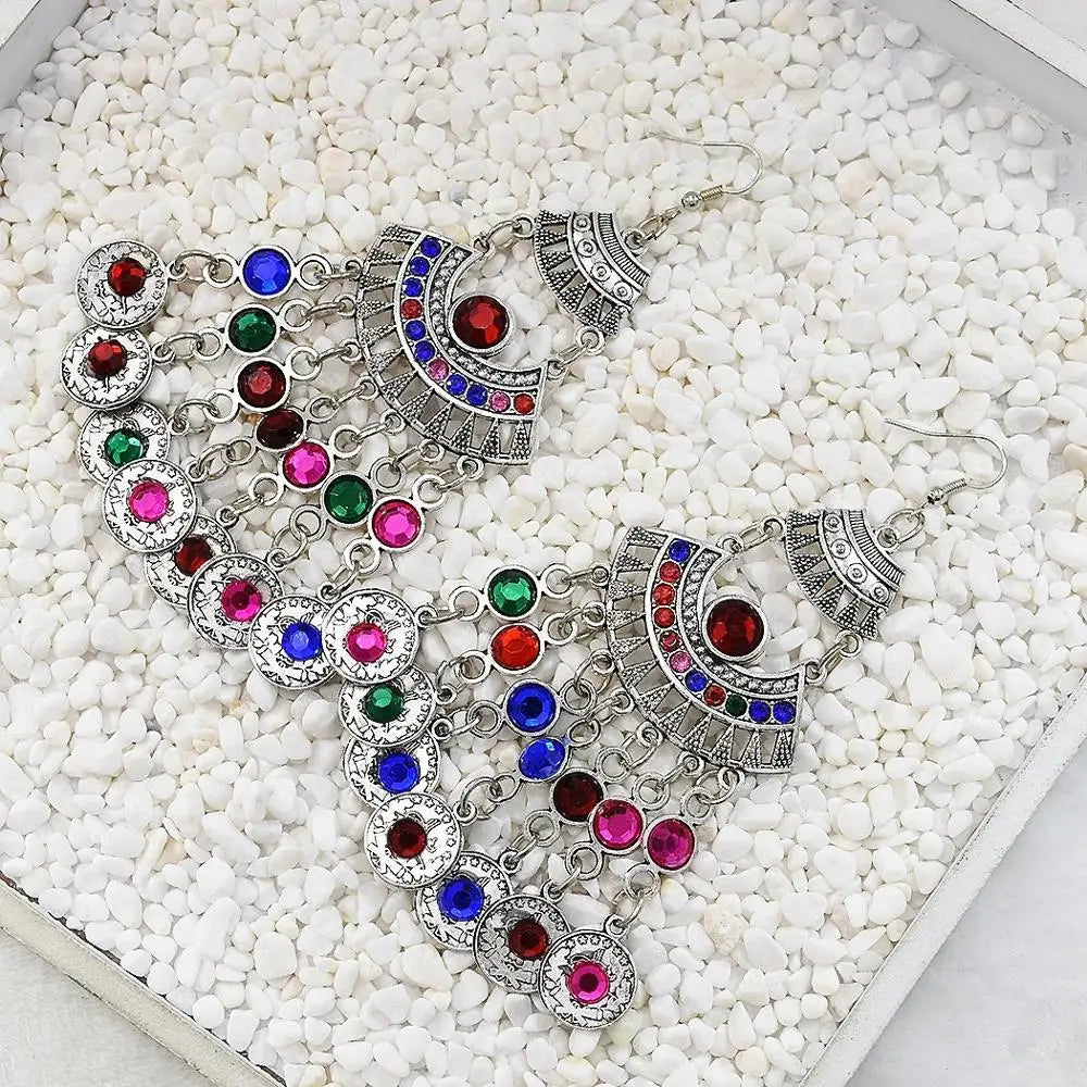 Bohemian colored gems set hollow coins tassel necklace earrings set fashion atmosphere inlaid ethnic jewelry - Hiron Store