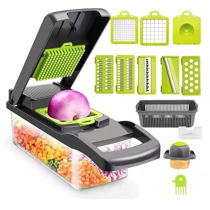 1Pc Green Black 12 in 1 Multifunctional Vegetable Slicer Cutter Shredders Slicer With Basket Fruit Potato Chopper Carrot Grater - Hiron Store