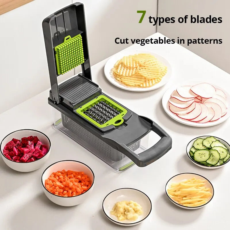 1Pc Green Black 12 in 1 Multifunctional Vegetable Slicer Cutter Shredders Slicer With Basket Fruit Potato Chopper Carrot Grater - Hiron Store