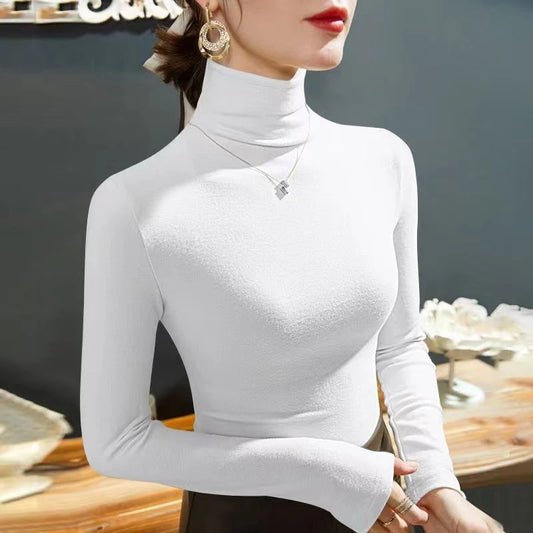 2024 Fashion Autumn Winter Female Turtleneck Fleece Stretch Shirt Women Long Sleeve T-shirt Warm Basic Pullover Bottoming Tops - Hiron Store