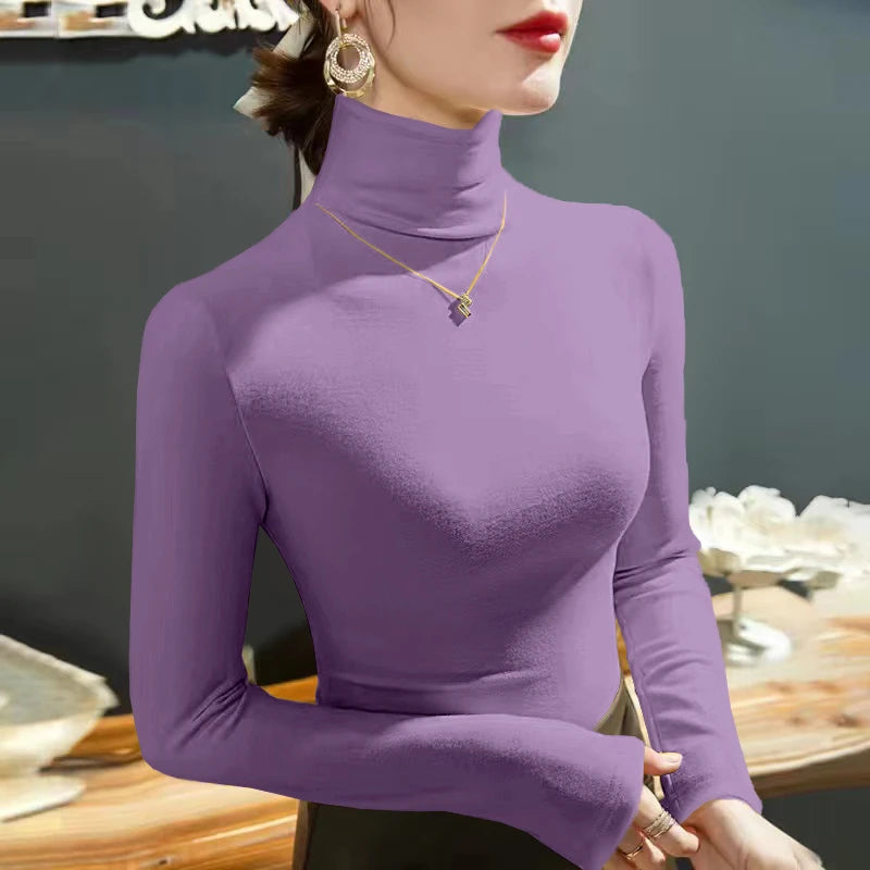 2024 Fashion Autumn Winter Female Turtleneck Fleece Stretch Shirt Women Long Sleeve T-shirt Warm Basic Pullover Bottoming Tops - Hiron Store