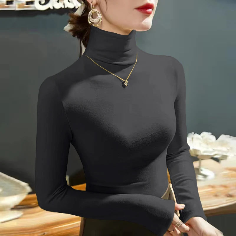 2024 Fashion Autumn Winter Female Turtleneck Fleece Stretch Shirt Women Long Sleeve T-shirt Warm Basic Pullover Bottoming Tops - Hiron Store