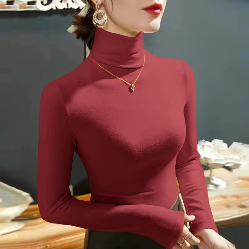 2024 Fashion Autumn Winter Female Turtleneck Fleece Stretch Shirt Women Long Sleeve T-shirt Warm Basic Pullover Bottoming Tops - Hiron Store