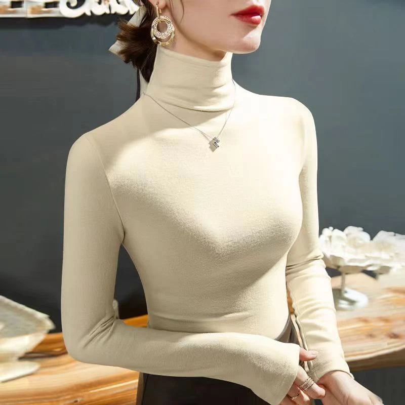 2024 Fashion Autumn Winter Female Turtleneck Fleece Stretch Shirt Women Long Sleeve T-shirt Warm Basic Pullover Bottoming Tops - Hiron Store