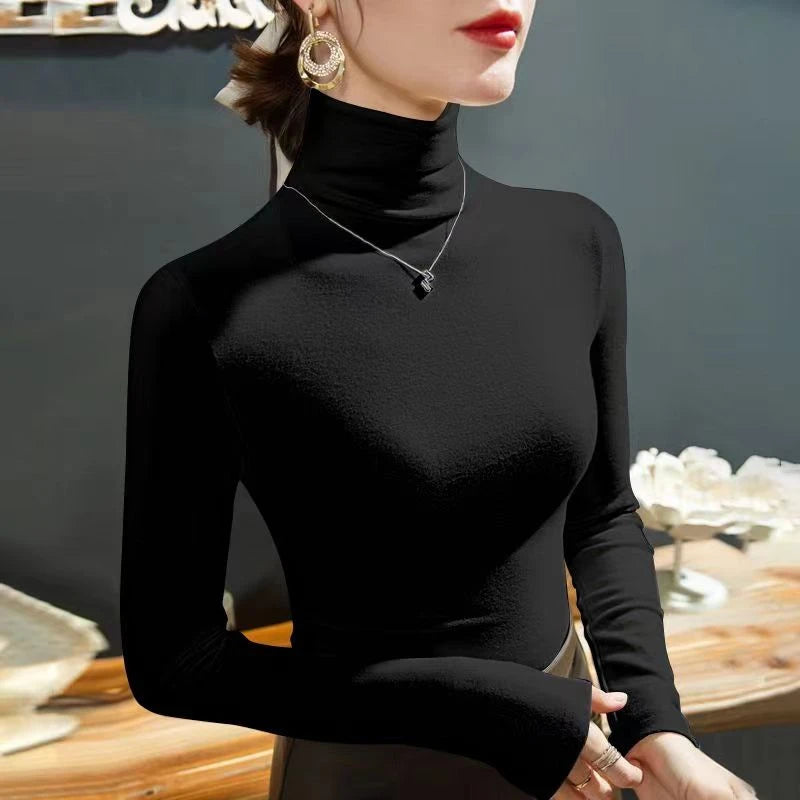 2024 Fashion Autumn Winter Female Turtleneck Fleece Stretch Shirt Women Long Sleeve T-shirt Warm Basic Pullover Bottoming Tops - Hiron Store