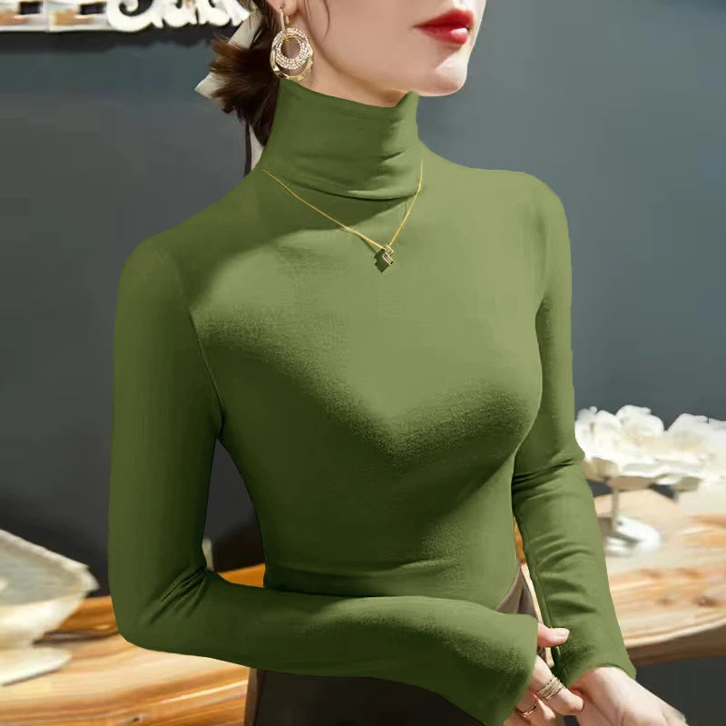 2024 Fashion Autumn Winter Female Turtleneck Fleece Stretch Shirt Women Long Sleeve T-shirt Warm Basic Pullover Bottoming Tops - Hiron Store