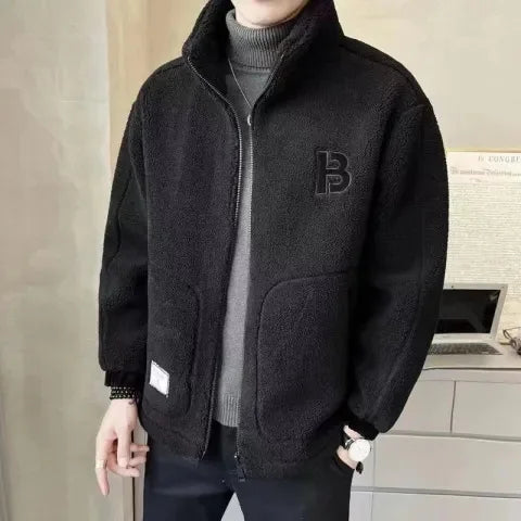 2024 New Men Lamb Wool Coats Mens Thicken Warm Jackets Hip Hop Streetwear Casual Fleece Oversized Fashion Zip Up Stand Jacket - Hiron Store