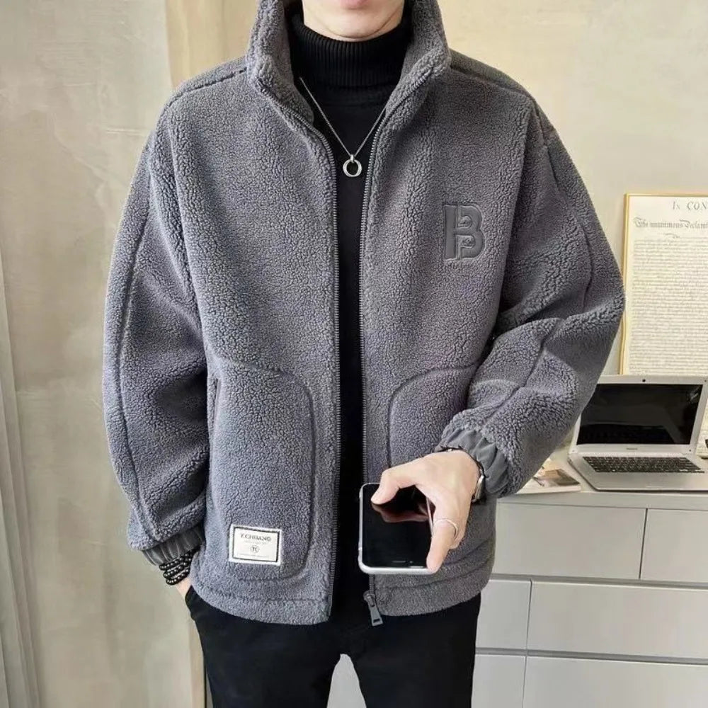 2024 New Men Lamb Wool Coats Mens Thicken Warm Jackets Hip Hop Streetwear Casual Fleece Oversized Fashion Zip Up Stand Jacket - Hiron Store