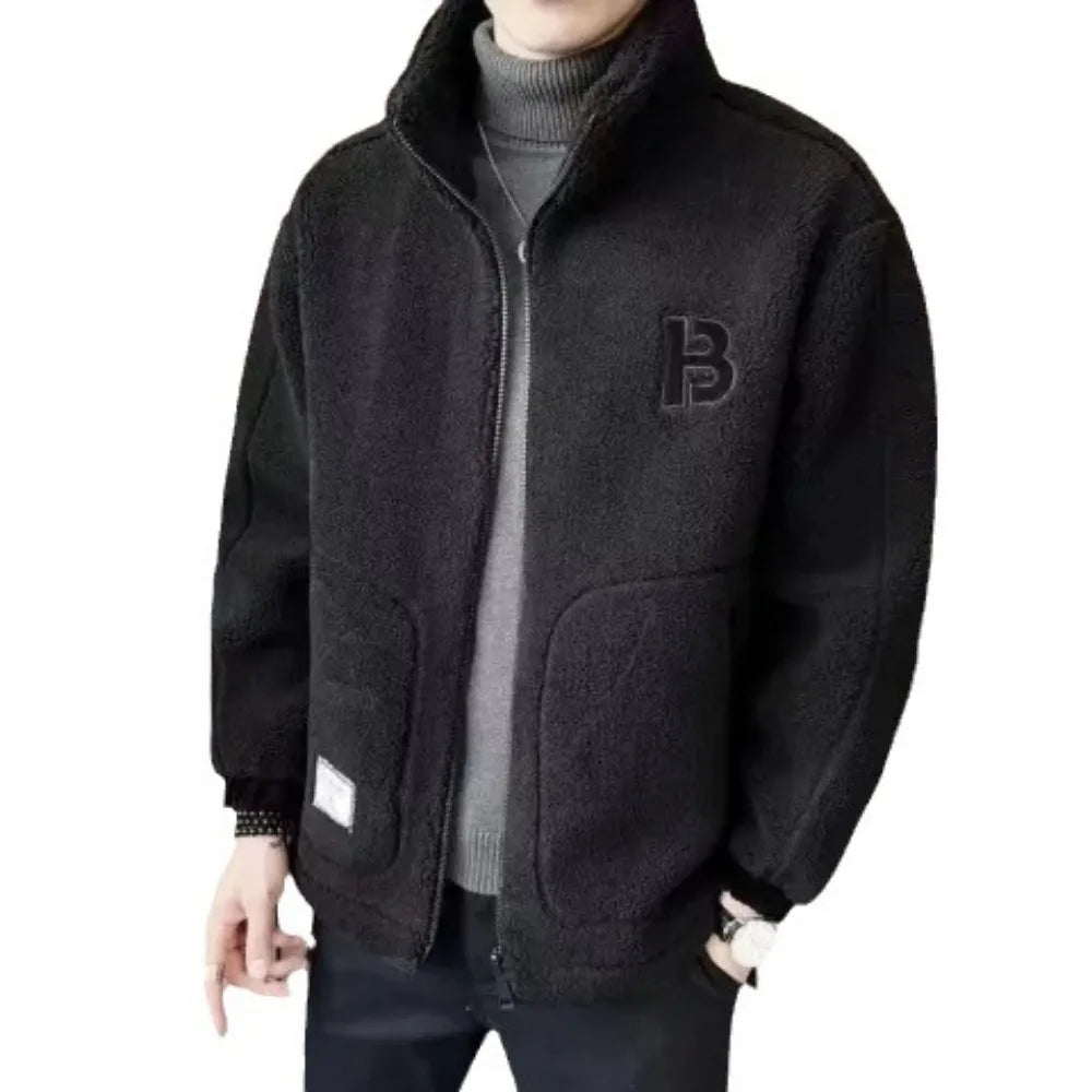 2024 New Men Lamb Wool Coats Mens Thicken Warm Jackets Hip Hop Streetwear Casual Fleece Oversized Fashion Zip Up Stand Jacket - Hiron Store