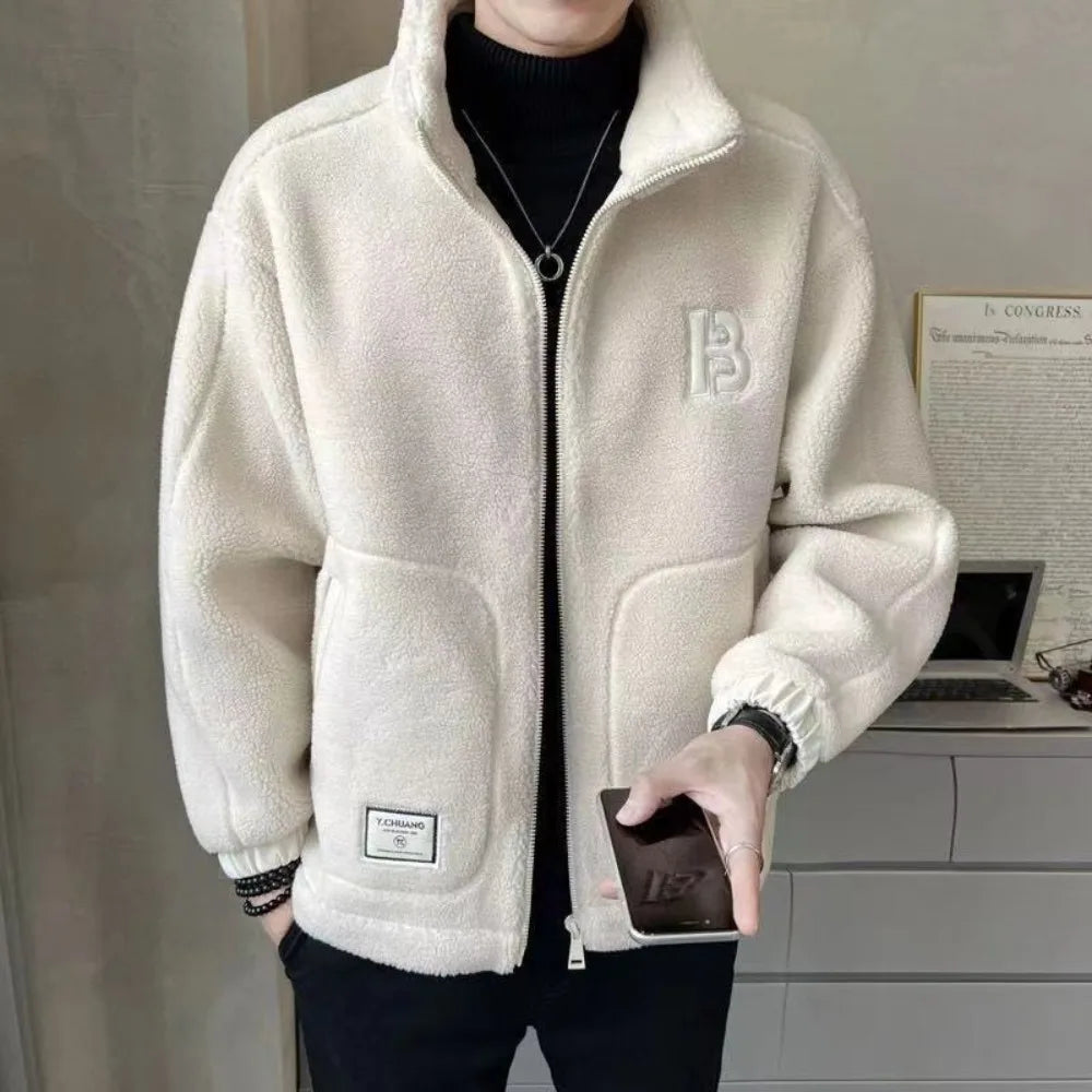 2024 New Men Lamb Wool Coats Mens Thicken Warm Jackets Hip Hop Streetwear Casual Fleece Oversized Fashion Zip Up Stand Jacket - Hiron Store