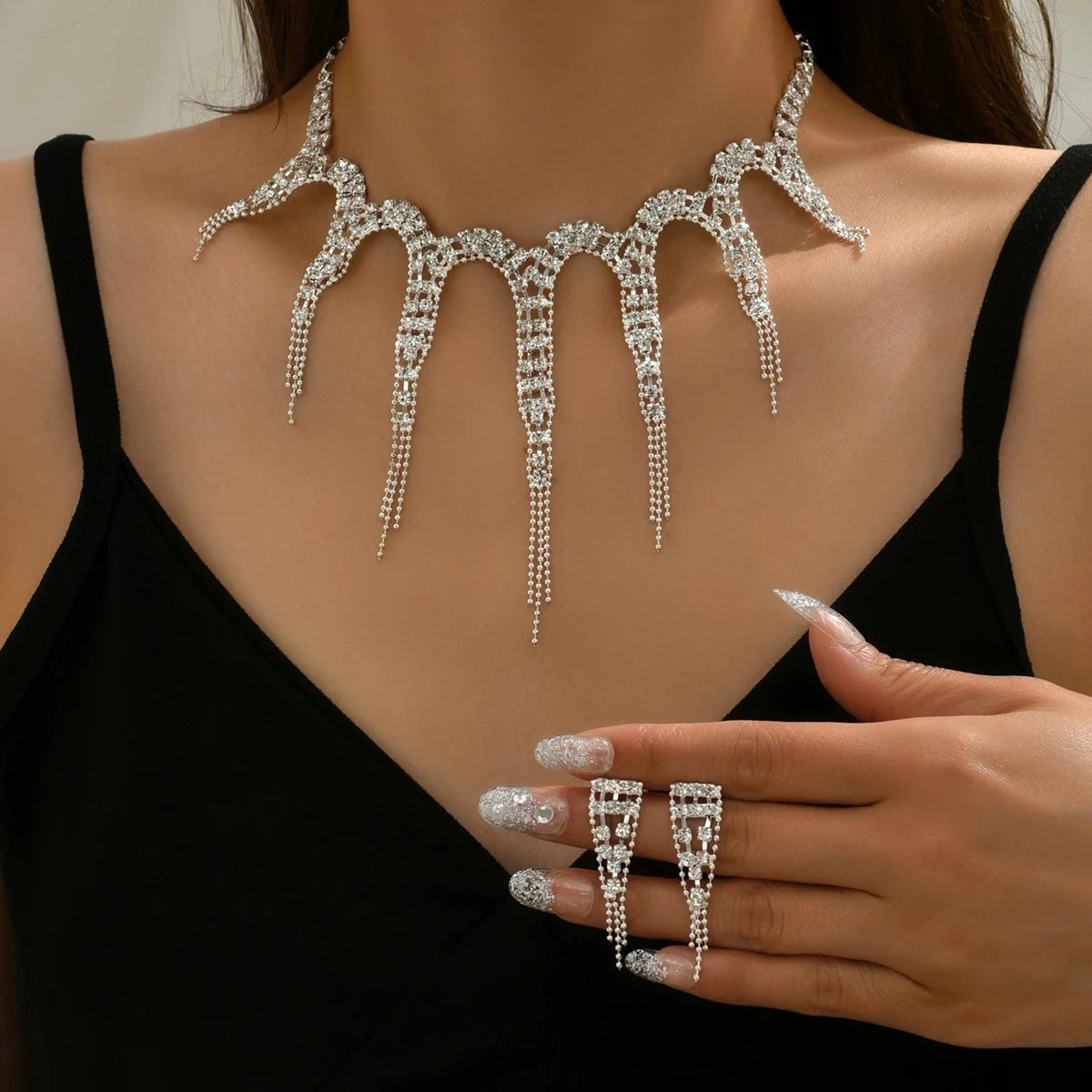 3pcs Women's Jewelry Set Rhinestone Earrings Necklace New Wedding Party Luxury Fashion - Hiron Store