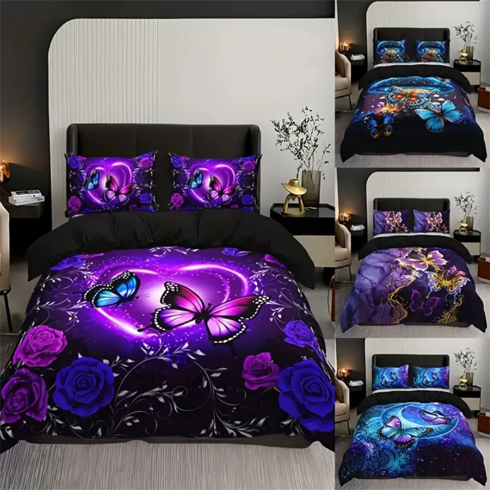 3-Piece Butterfly Flower Duvet Cover Set Soft Comfortable Fashionable Digital Print Bedding Classic Design