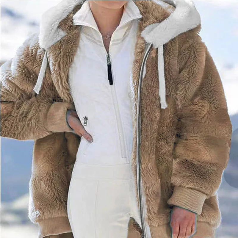 Winter Women Jackets Hooded Zipper Fashion Cashmere Warm Solid Colour Ladies Coats