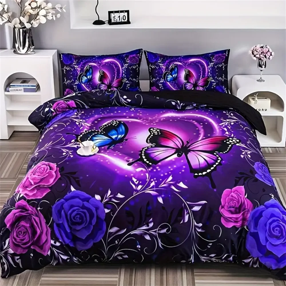 3-Piece Butterfly Flower Duvet Cover Set Soft Comfortable Fashionable Digital Print Bedding Classic Design