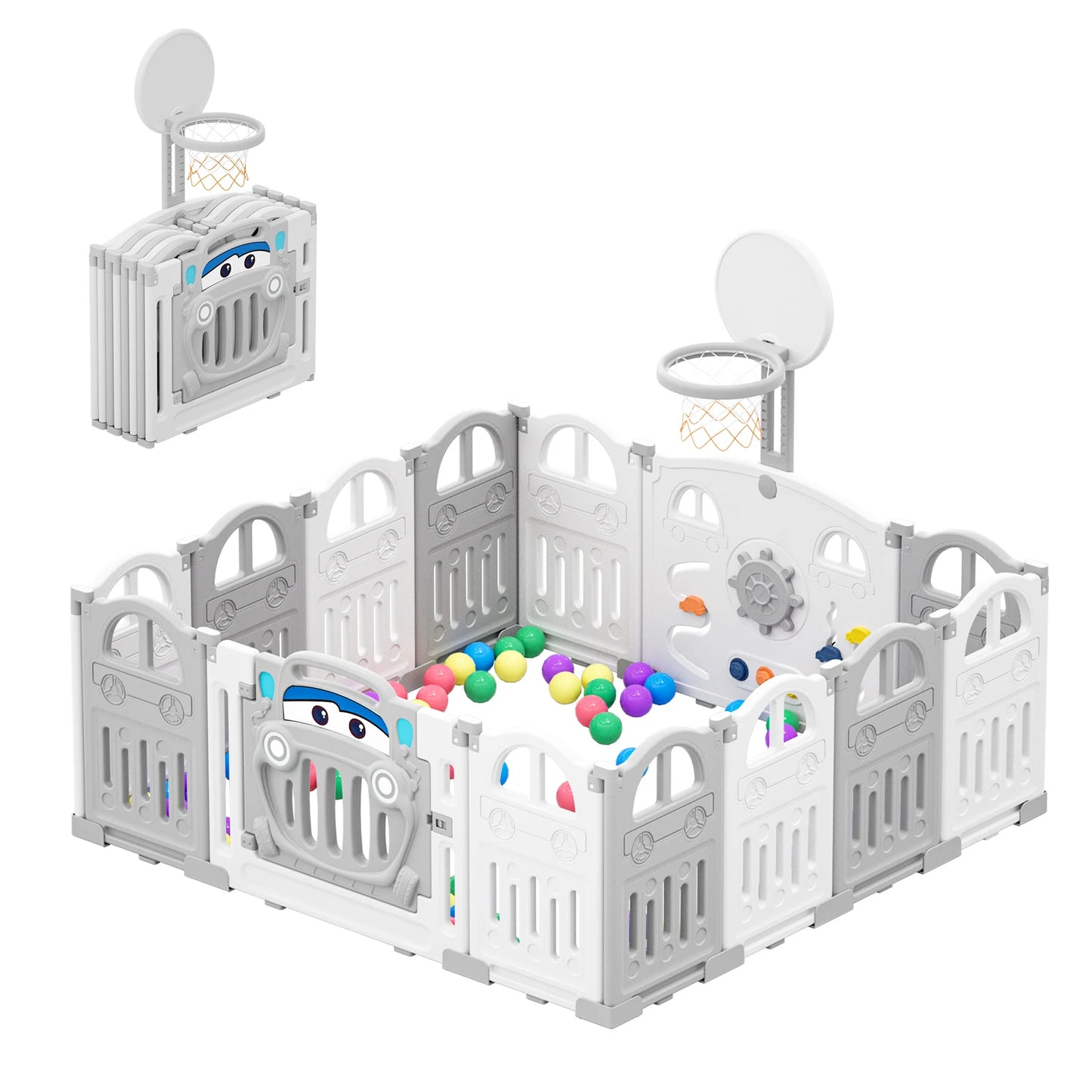 Foldable Baby Playpen with Basketball Hoop & 50Pcs Coloured Pit Balls,  Toddler and Baby Play pen  fence, 14-Panel