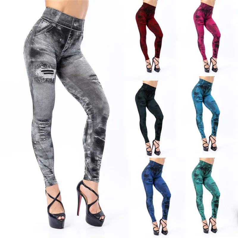 2024 Sexy Astic Imitation Jeans Leggings Women Stretch High Waist Pants Fitness Slim Push Up Leggings For Women Summer Breeches - Hiron Store