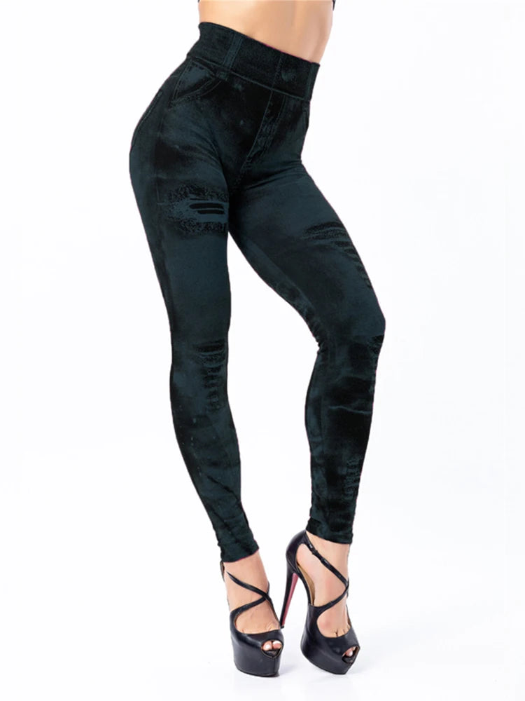 2024 Sexy Astic Imitation Jeans Leggings Women Stretch High Waist Pants Fitness Slim Push Up Leggings For Women Summer Breeches - Hiron Store