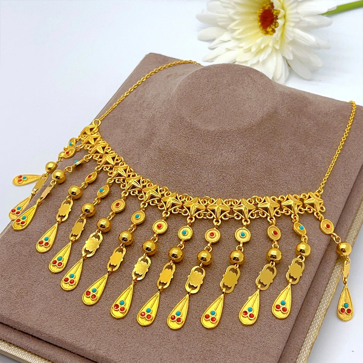 ANIID African 24K Gold Plated Necklace With Tassel For Women Bride Crystal Jewellery Italian Wedding Dubai Wholesale - Hiron Store