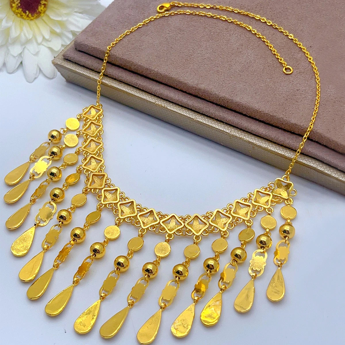 ANIID African 24K Gold Plated Necklace With Tassel For Women Bride Crystal Jewellery Italian Wedding Dubai Wholesale - Hiron Store