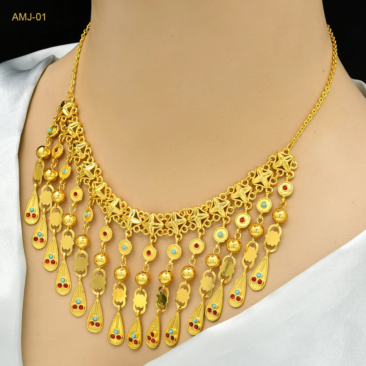 ANIID African 24K Gold Plated Necklace With Tassel For Women Bride Crystal Jewellery Italian Wedding Dubai Wholesale - Hiron Store