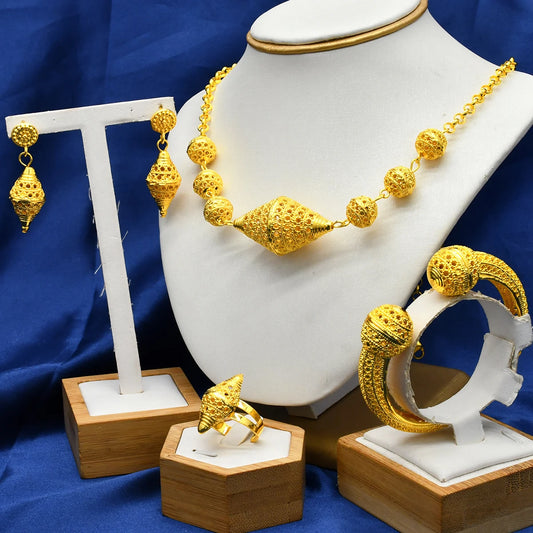 ANIID Ethiopian Luxury 24k Gold Color Ball Necklace Set For Women Indian Wedding Arabic Bridal Jewelry Set for Dubai Party Gifts - Hiron Store