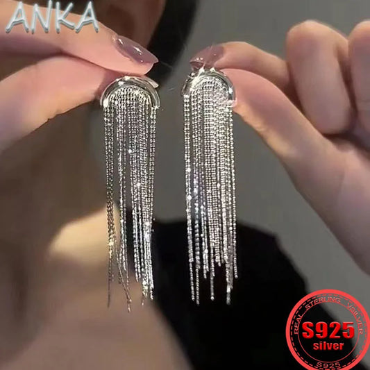 ANKA new S925 sterling silver full silver long tassel earrings cold wind light luxury high-end hundred with ladies earrings - Hiron Store