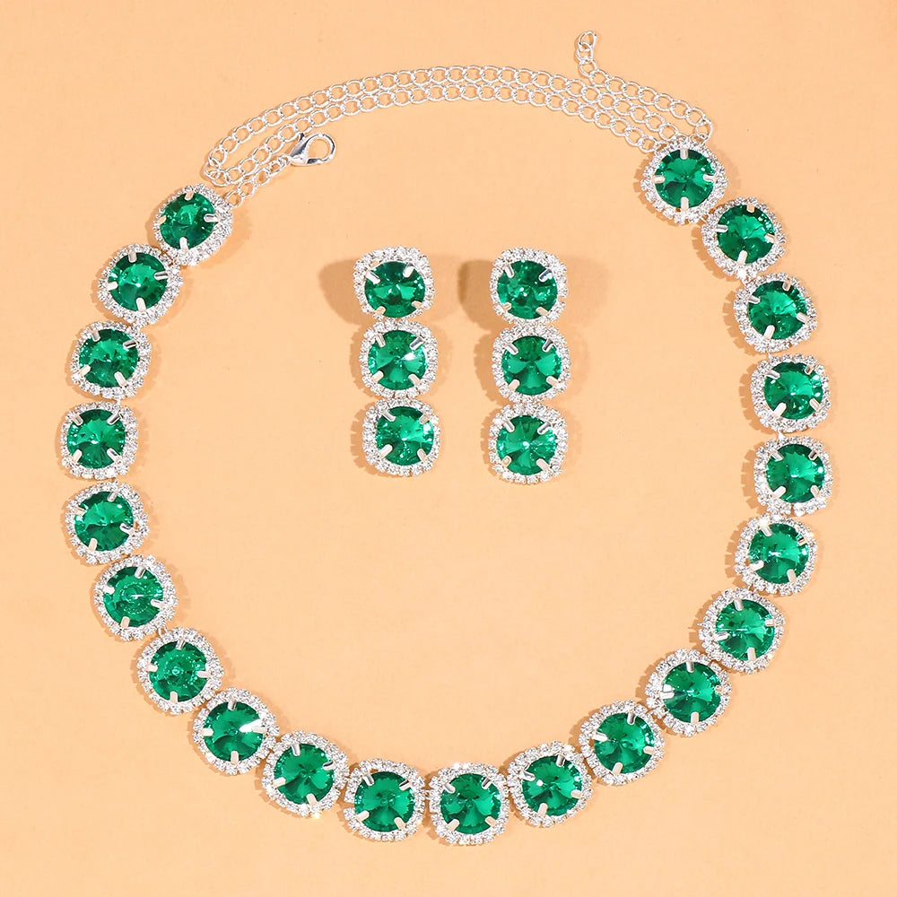 Stonefans Green Crystal Bridal Jewelry Set Necklace Earrings Women Luxury Accessories Rhinestone Party Jewelry Sets Wedding Gift - Hiron Store